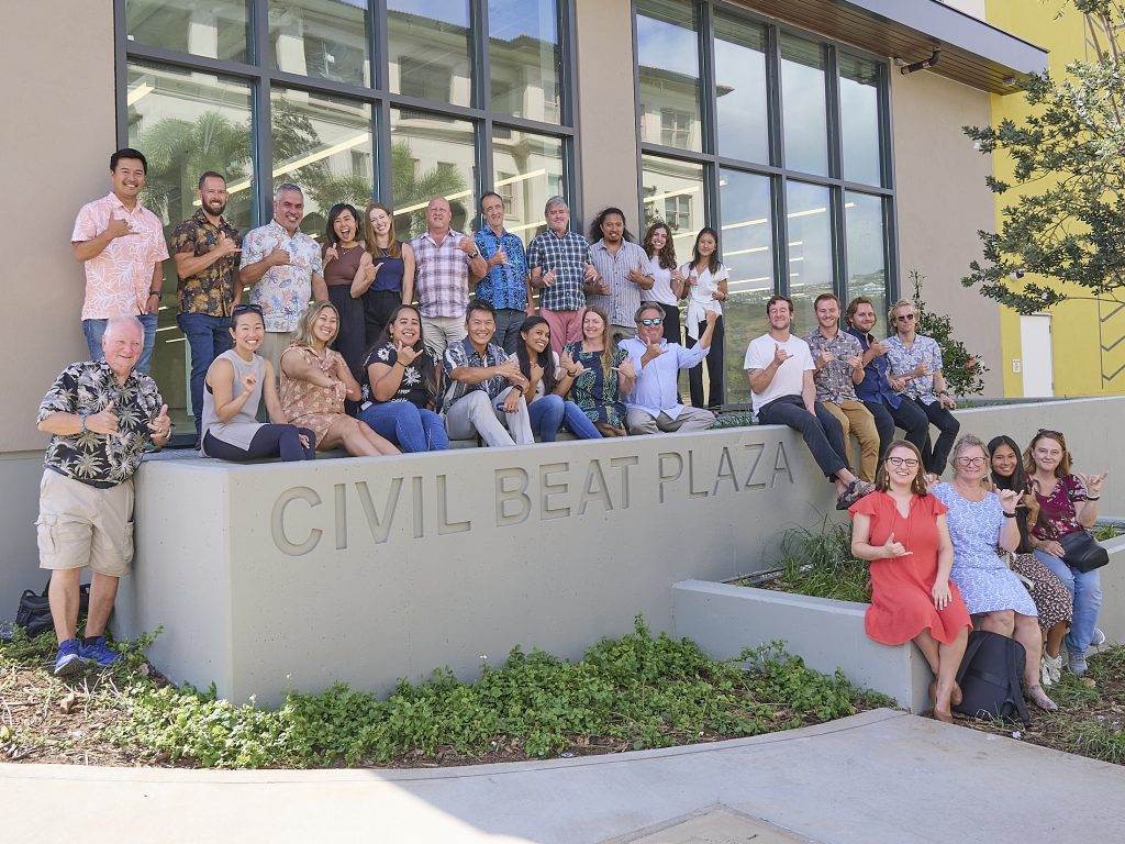 Civil Beat staff pose outside of their new facility on Waialae Avenue, July 26th, 2023