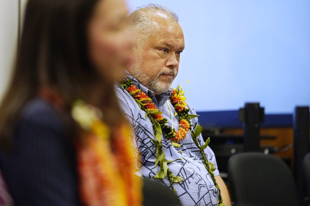 Alapaki Nahale-e listens before his Senate committee on higher education committee’s confirmation hearing for University of Hawaii Board of Regents Tuesday, Feb. 27, 2024, in Honolulu. (Kevin Fujii/Civil Beat/2024)