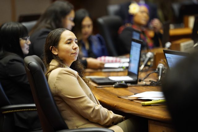 Rep. Mahina Poepoe listens to comments during the House of Representatives discussion on state budget HB1800 HD1 Wednesday, March 13, 2024, in Honolulu. The House of Representatives voted to pass its third reading to cross over to the senate. (Kevin Fujii/Civil Beat/2024)