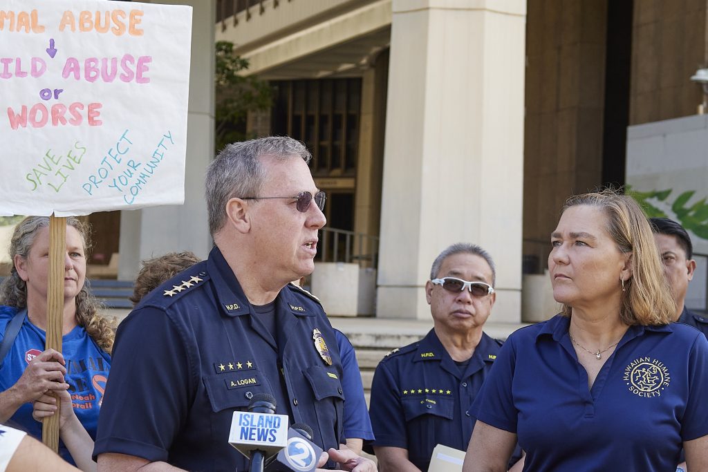 Stephanie Kendrick from Hawaii Humane Society speaks at a press conference at the Hawaii State capital building and was accompanied by HPD Police Chief Joe Logan, photographed April 9th, 2024.(David Croxford/Civil Beat/2024)