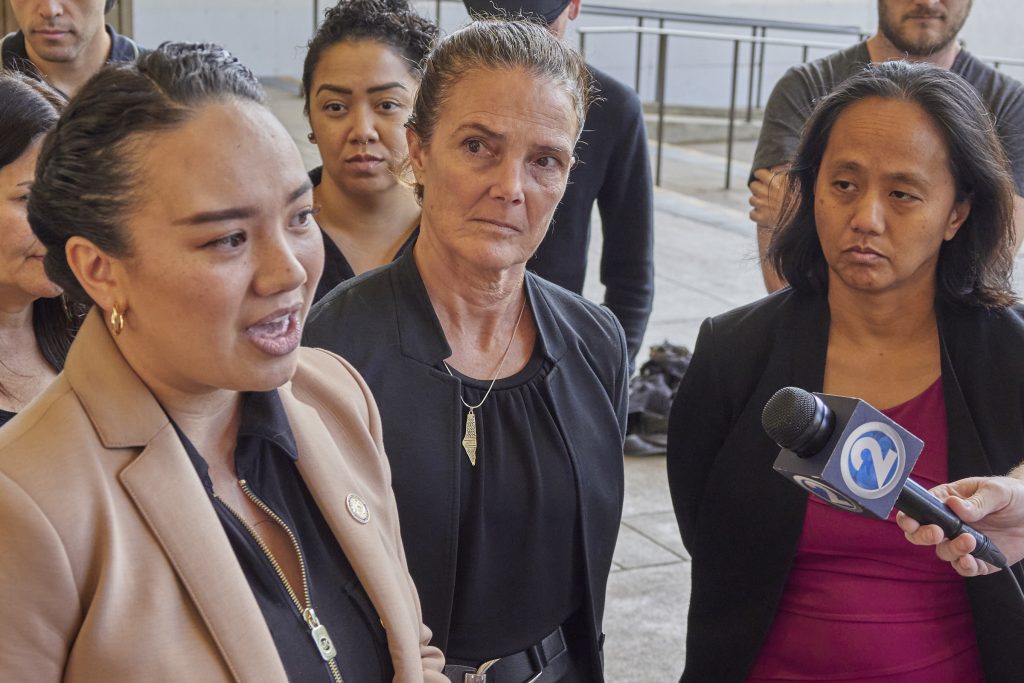 At a press conference held in the Capital Rotunda Hawaii Reps Jeanne Kapela, Amy Perusso and Della Au Belatti spoke about how they planned to keep the efforts to benefit the middle class through taxation programs, photographed April 9th, 2024.(David Croxford/Civil Beat/2024)