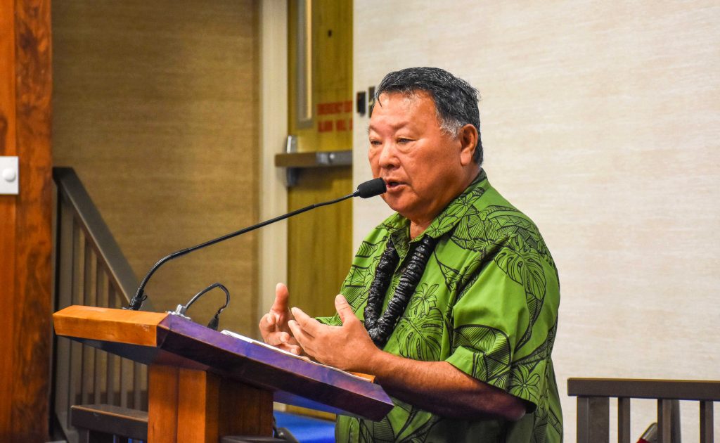 Alan Arakawa, a board member of the new East Maui Water Authority, testified at a County Council budget meeting. (Cammy Clark/Civil Beat/2024)
