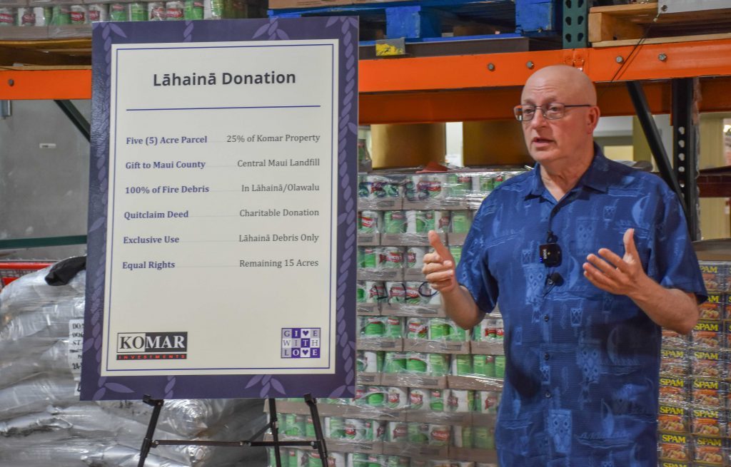 Andy Baden, executive vice president and general counsel of Komar Investments, announced the offer to donate 5 acres to Maui County to be used for a dump site for the Lahaina fire debris. (Cammy Clark/Civil Beat/2024)