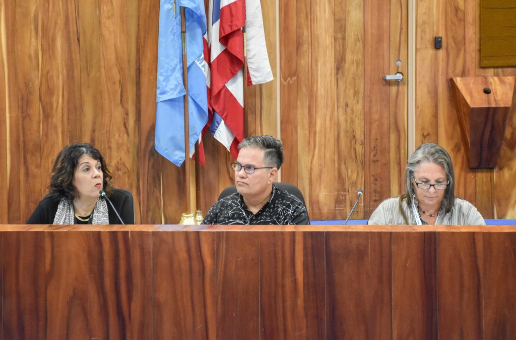 Jonathan Scheuer, center, fielded questions from Maui County Council members last week over the East Maui community water board's first budget. (Cammy Clark/Civil Beat/2024)
