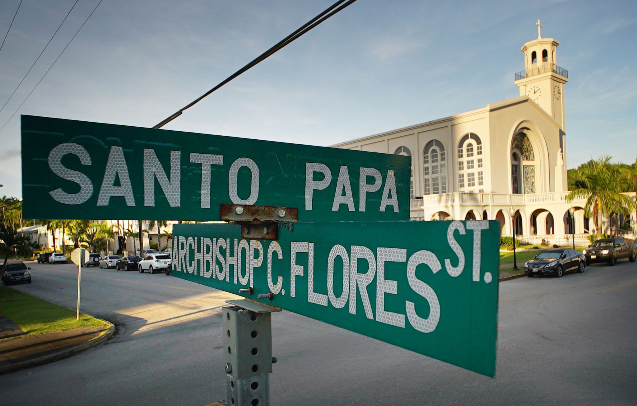 Santo Papa and Archbishop Flores street intersection in Hagatna, Guam near the Cathedral. Dulce Nombre de Maria Cathedral Basilica located in Hagatna, Guam