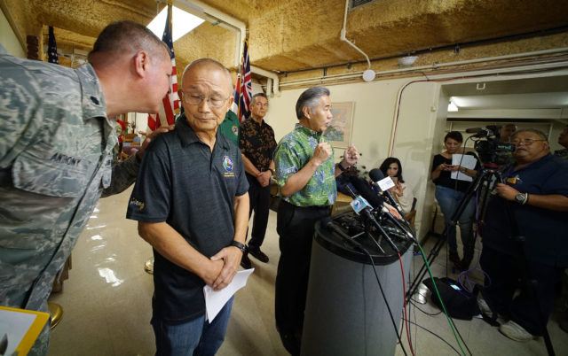 Hawaii Civil Defense Vern Miyagi Governor David Ige speak to reporters during press conference held at the Diamond Head Emergency Operating Center.