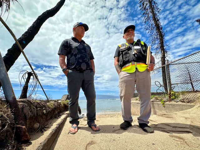 Archie Kalepa and Keeaumoku Kapu stand in Lahaina, March 12, 2024. (Nathan Eagle/Civil Beat/2024)