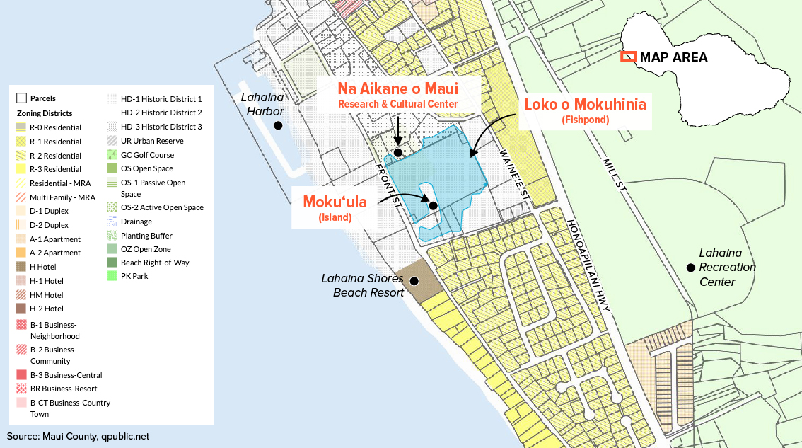 Maui County zoning district map with the location of Loko o Mokuhinia and Moku'ula in Lahaina.
