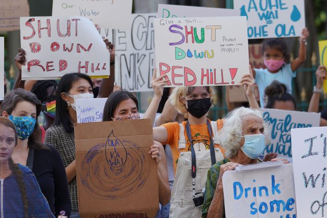 Oahu Water Protectors and supporters demonstrate in opposition to the Red Hill fuel tanks.
