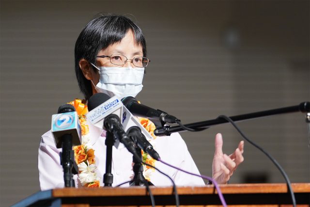 Department of Health Director Dr. Elizabeth Char speaks during a press conference held at Prince David Kawananakoa Middle School.