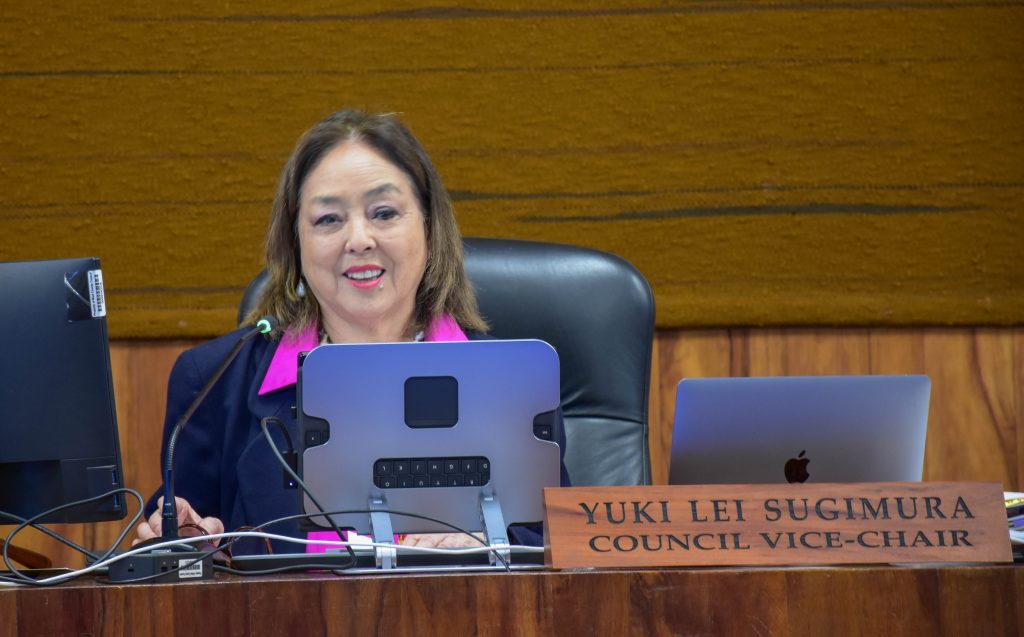 Yuki Lei Sugimura, chair of the Maui County Budget, Finance and Economic Development Committee, is leading the long process to review, amend and adopt Mayor Richard Bissen's proposed FY 2025 budget. (Cammy Clark/Civil Beat/2024)