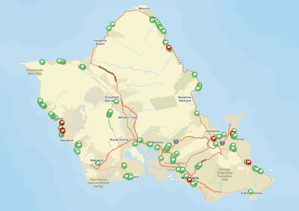 This map shows where the state has installed raised crosswalks, speed humps or speed tables on Oahu, with green flags indicating completed and red in progress. (Hawaii DOT/Screenshot/2024)